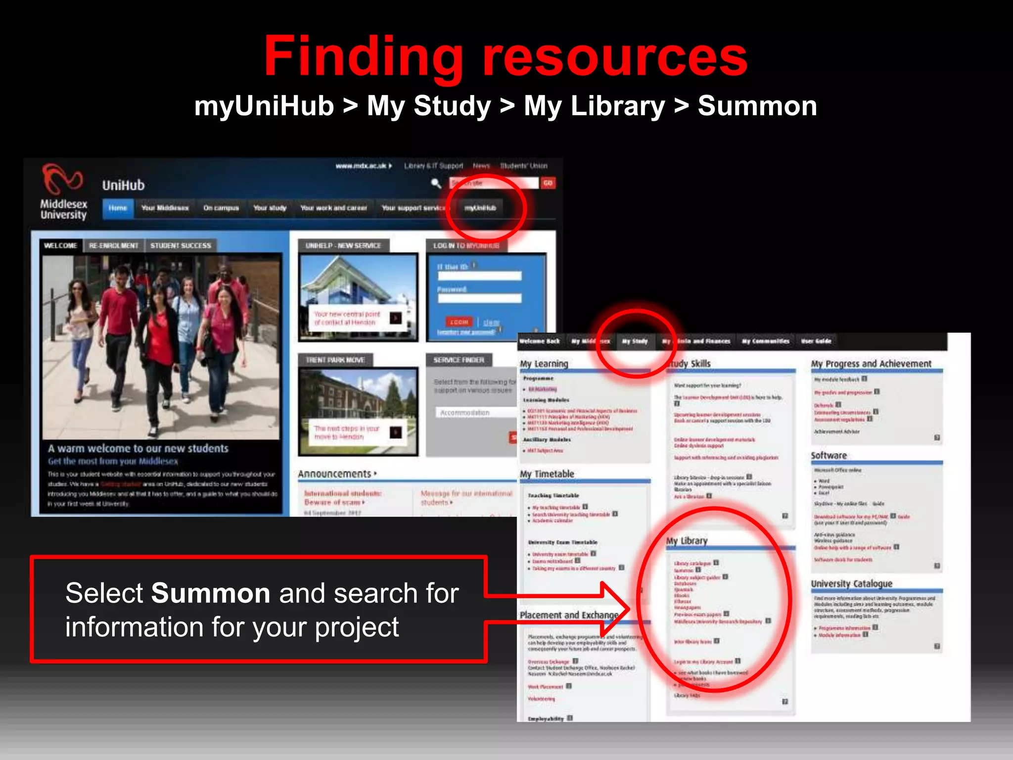 Finding resources
myUniHub > My Study > My Library > Summon

Select Summon and search for
information for your project

 