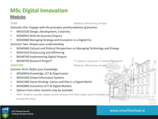CORE (Modules offered may change)
Semester One: Engage with the principles and foundations of practice
• MIS41020 Design, Development, Creativity
• MIS40910 Skills for Business Enquiry
• MIS40680 Managing Strategy and Innovation in a Digital Era
Semester Two: Deepen your understanding
• MIS40640 Cultural and Political Perspectives on Managing Technology and Change
• MIS41010 Outsourcing and Offshoring
• MIS40740 Implementing Digital Projects
• MIS40720 Research Project* (* Subject to approval = 3 module equivalent)
NONCORE (Modules offered may change)
Summer Term: Refine your knowledge
• MIS40650 Knowledge, ICT & Organisation
• MIS41030 Global Information Systems
• MIS41000 Game thinking: Games and Play in a Digital World
• MIS40890 Economics of IT & Digital Markets
• Options from other streams may be available
• NOTE: Students may take suitable elective modules from other subject areas if timetable and
prerequisites allow
MSc Digital Innovation
Modules
www.smurfitschool.ie
 