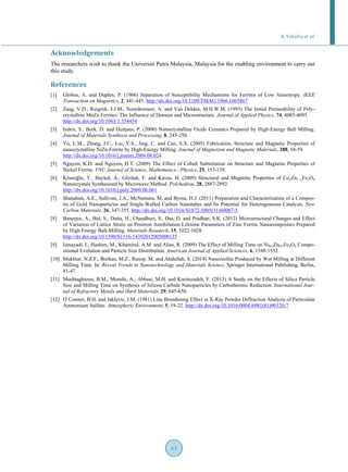 A. Yakubu et al.
63
Acknowledgements
The researchers wish to thank the Universiti Putra Malaysia, Malaysia for the enabling environment to carry out
this study.
References
[1] Globus, A. and Duplex, P. (1966) Separation of Susceptibility Mechanisms for Ferrites of Low Anisotropy. IEEE
Transaction on Magnetics, 2, 441-445. http://dx.doi.org/10.1109/TMAG.1966.1065867
[2] Zaag, V.D., Ruigrok, J.J.M., Noordermeer, A. and Van Delden, M.H.W.M. (1993) The Initial Permeability of Poly-
crystalline MnZn Ferrites: The Influence of Domain and Microstructure. Journal of Applied Physics, 74, 4085-4095.
http://dx.doi.org/10.1063/1.354454
[3] Indris, S., Bork, D. and Heitjans, P. (2000) Nanocrystalline Oxide Ceramics Prepared by High-Energy Ball Milling.
Journal of Materials Synthesis and Processing, 8, 245-250.
[4] Yu, L.M., Zhang, J.C., Liu, Y.S., Jing, C. and Cao, S.X. (2005) Fabrication, Structure and Magnetic Properties of
nanocrystalline NiZn-Ferrite by High-Energy Milling. Journal of Magnetism and Magnetic Materials, 288, 54-59.
http://dx.doi.org/10.1016/j.jmmm.2004.08.024
[5] Nguyen, K.D. and Nguyen, H.T. (2009) The Effect of Cobalt Substitution on Structure and Magnetic Properties of
Nickel Ferrite. VNU Journal of Science, Mathematics—Physics, 25, 153-159.
[6] Köseoğlu, Y., Baykal, A., Gözüak, F. and Kavas, H. (2009) Structural and Magnetic Properties of CoxZn1−xFe2O4
Nanocrystals Synthesized by Microwave Method. Polyhedron, 28, 2887-2892.
http://dx.doi.org/10.1016/j.poly.2009.06.061
[7] Shanahan, A.E., Sullivan, J.A., McNamara, M. and Byrne, H.J. (2011) Preparation and Characterization of a Compos-
ite of Gold Nanoparticles and Single-Walled Carbon Nanotubes and Its Potential for Heterogeneous Catalysis. New
Carbon Materials, 26, 347-355. http://dx.doi.org/10.1016/S1872-5805(11)60087-5
[8] Banerjee, A., Bid, S., Dutta, H., Chaudhuri, S., Das, D. and Pradhan, S.K. (2012) Microstructural Changes and Effect
of Variation of Lattice Strain on Positron Annihilation Lifetime Parameters of Zinc Ferrite Nanocomposites Prepared
by High Energy Ball-Milling. Materials Research, 15, 1022-1028.
http://dx.doi.org/10.1590/S1516-14392012005000135
[9] Ismayadi, I., Hashim, M., Khamirul, A.M. and Alias, R. (2009) The Effect of Milling Time on Ni0.5Zn0.5Fe2O4 Compo-
sitional Evolution and Particle Size Distribution. American Journal of Applied Sciences, 6, 1548-1552.
[10] Mukhtar, N.Z.F., Borhan, M.Z., Rusop, M. and Abdullah, S. (2014) Nanozeolite Produced by Wet Milling at Different
Milling Time. In: Recent Trends in Nanotechnology and Materials Science, Springer International Publishing, Berlin,
41-47.
[11] Moshtaghioun, B.M., Monshi, A., Abbasi, M.H. and Karimzadeh, F. (2013) A Study on the Effects of Silica Particle
Size and Milling Time on Synthesis of Silicon Carbide Nanoparticles by Carbothermic Reduction. International Jour-
nal of Refractory Metals and Hard Materials, 29, 645-650.
[12] O’Connor, B.H. and Jaklevic, J.M. (1981) Line Broadening Effect in X-Ray Powder Diffraction Analysis of Particulate
Ammonium Sulfate. Atmospheric Environment, 5, 19-22. http://dx.doi.org/10.1016/0004-6981(81)90120-7
 