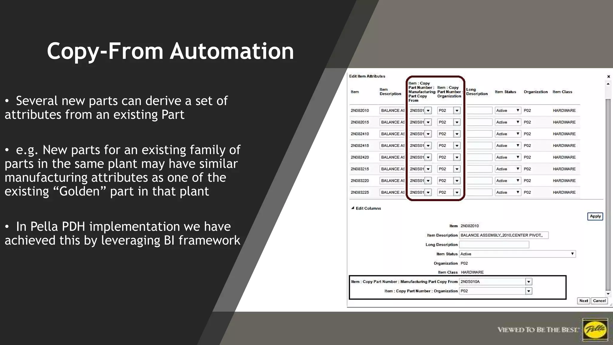 Click to edit Master title style
Copy-From Automation
• Several new parts can derive a set of
attributes from an existing Part
• e.g. New parts for an existing family of
parts in the same plant may have similar
manufacturing attributes as one of the
existing “Golden” part in that plant
• In Pella PDH implementation we have
achieved this by leveraging BI framework
 