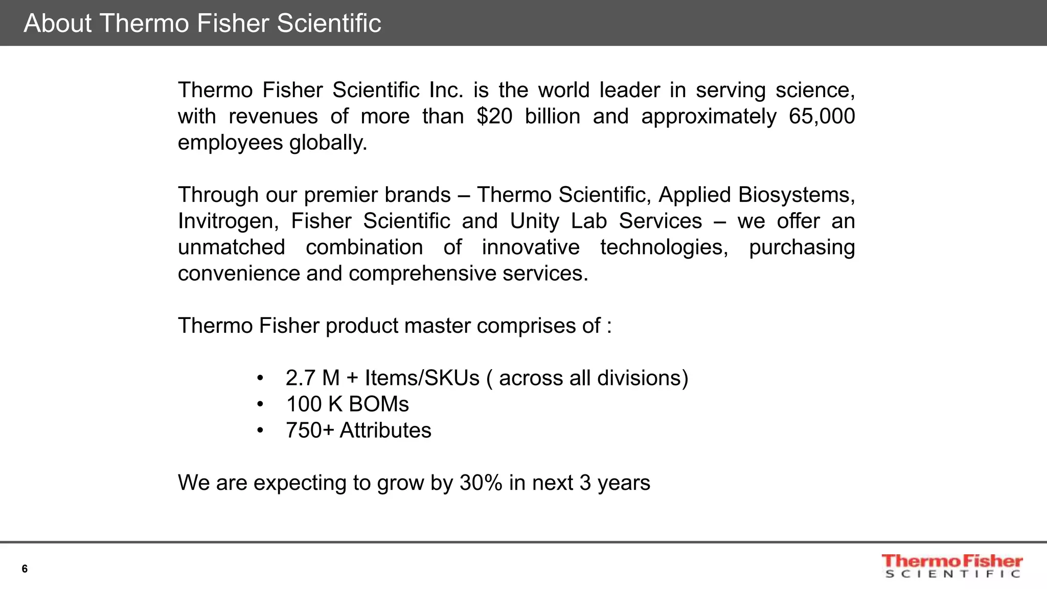 6
About Thermo Fisher Scientific
Thermo Fisher Scientific Inc. is the world leader in serving science,
with revenues of more than $20 billion and approximately 65,000
employees globally.
Through our premier brands – Thermo Scientific, Applied Biosystems,
Invitrogen, Fisher Scientific and Unity Lab Services – we offer an
unmatched combination of innovative technologies, purchasing
convenience and comprehensive services.
Thermo Fisher product master comprises of :
• 2.7 M + Items/SKUs ( across all divisions)
• 100 K BOMs
• 750+ Attributes
We are expecting to grow by 30% in next 3 years
 