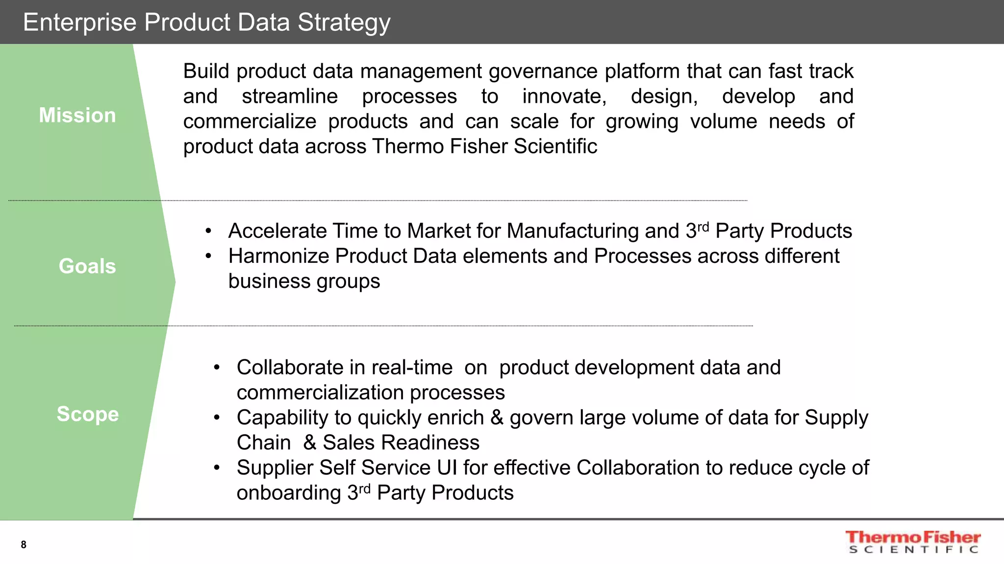 8
Enterprise Product Data Strategy
Mission
Goals
Scope
• Accelerate Time to Market for Manufacturing and 3rd Party Products
• Harmonize Product Data elements and Processes across different
business groups
Build product data management governance platform that can fast track
and streamline processes to innovate, design, develop and
commercialize products and can scale for growing volume needs of
product data across Thermo Fisher Scientific
• Collaborate in real-time on product development data and
commercialization processes
• Capability to quickly enrich & govern large volume of data for Supply
Chain & Sales Readiness
• Supplier Self Service UI for effective Collaboration to reduce cycle of
onboarding 3rd Party Products
 
