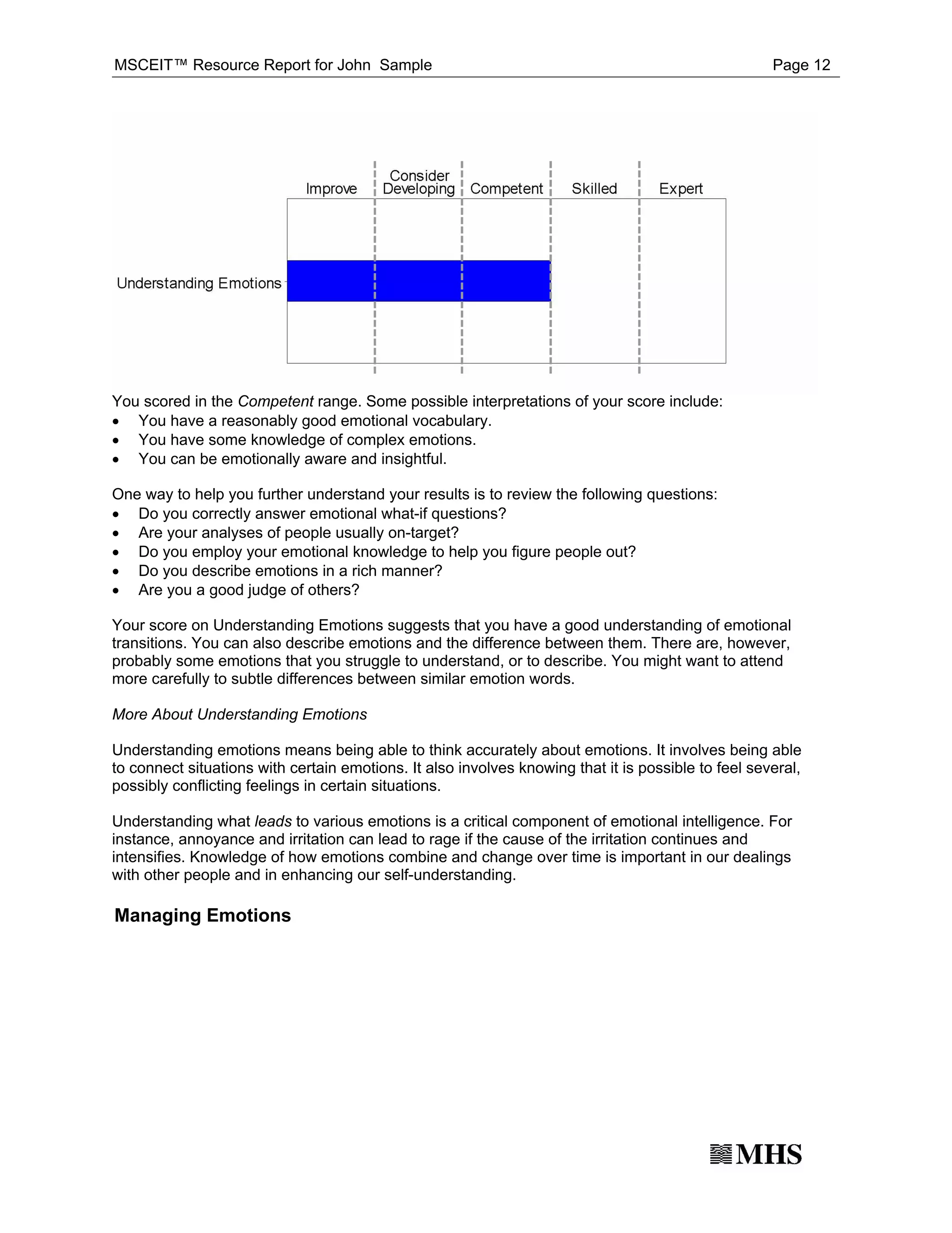 MSCEIT™ Resource Report for John Sample                                                              Page 12




· You have a reasonably good emotional vocabulary.
You scored in the Competent range. Some possible interpretations of your score include:

· You have some knowledge of complex emotions.
· You can be emotionally aware and insightful.


· Do you correctly answer emotional what-if questions?
One way to help you further understand your results is to review the following questions:

· Are your analyses of people usually on-target?
· Do you employ your emotional knowledge to help you figure people out?
· Do you describe emotions in a rich manner?
· Are you a good judge of others?

Your score on Understanding Emotions suggests that you have a good understanding of emotional
transitions. You can also describe emotions and the difference between them. There are, however,
probably some emotions that you struggle to understand, or to describe. You might want to attend
more carefully to subtle differences between similar emotion words.

More About Understanding Emotions

Understanding emotions means being able to think accurately about emotions. It involves being able
to connect situations with certain emotions. It also involves knowing that it is possible to feel several,
possibly conflicting feelings in certain situations.

Understanding what leads to various emotions is a critical component of emotional intelligence. For
instance, annoyance and irritation can lead to rage if the cause of the irritation continues and
intensifies. Knowledge of how emotions combine and change over time is important in our dealings
with other people and in enhancing our self-understanding.

Managing Emotions
 