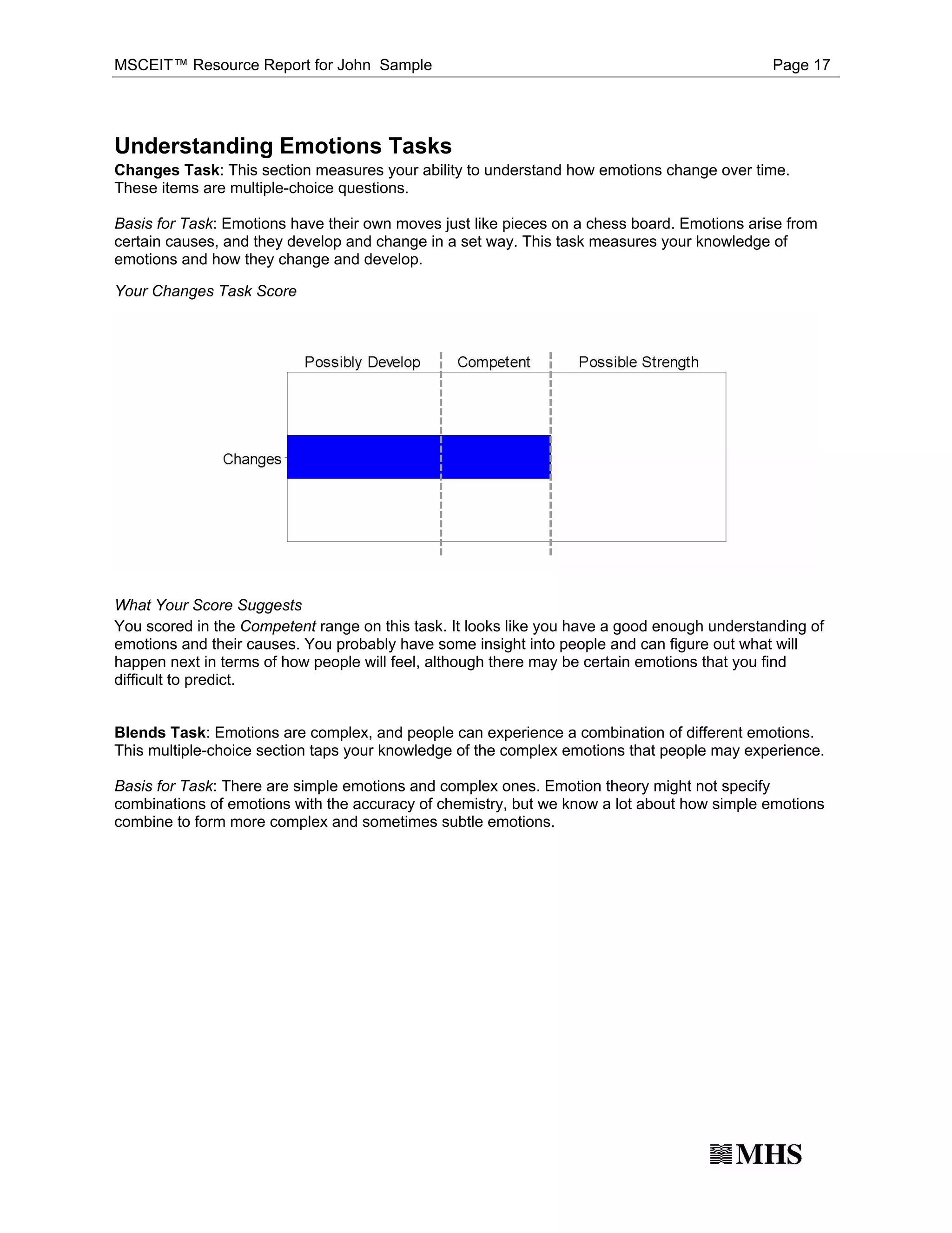 MSCEIT™ Resource Report for John Sample                                                      Page 17




Understanding Emotions Tasks
Changes Task: This section measures your ability to understand how emotions change over time.
These items are multiple-choice questions.

Basis for Task: Emotions have their own moves just like pieces on a chess board. Emotions arise from
certain causes, and they develop and change in a set way. This task measures your knowledge of
emotions and how they change and develop.

Your Changes Task Score




What Your Score Suggests
You scored in the Competent range on this task. It looks like you have a good enough understanding of
emotions and their causes. You probably have some insight into people and can figure out what will
happen next in terms of how people will feel, although there may be certain emotions that you find
difficult to predict.


Blends Task: Emotions are complex, and people can experience a combination of different emotions.
This multiple-choice section taps your knowledge of the complex emotions that people may experience.

Basis for Task: There are simple emotions and complex ones. Emotion theory might not specify
combinations of emotions with the accuracy of chemistry, but we know a lot about how simple emotions
combine to form more complex and sometimes subtle emotions.
 