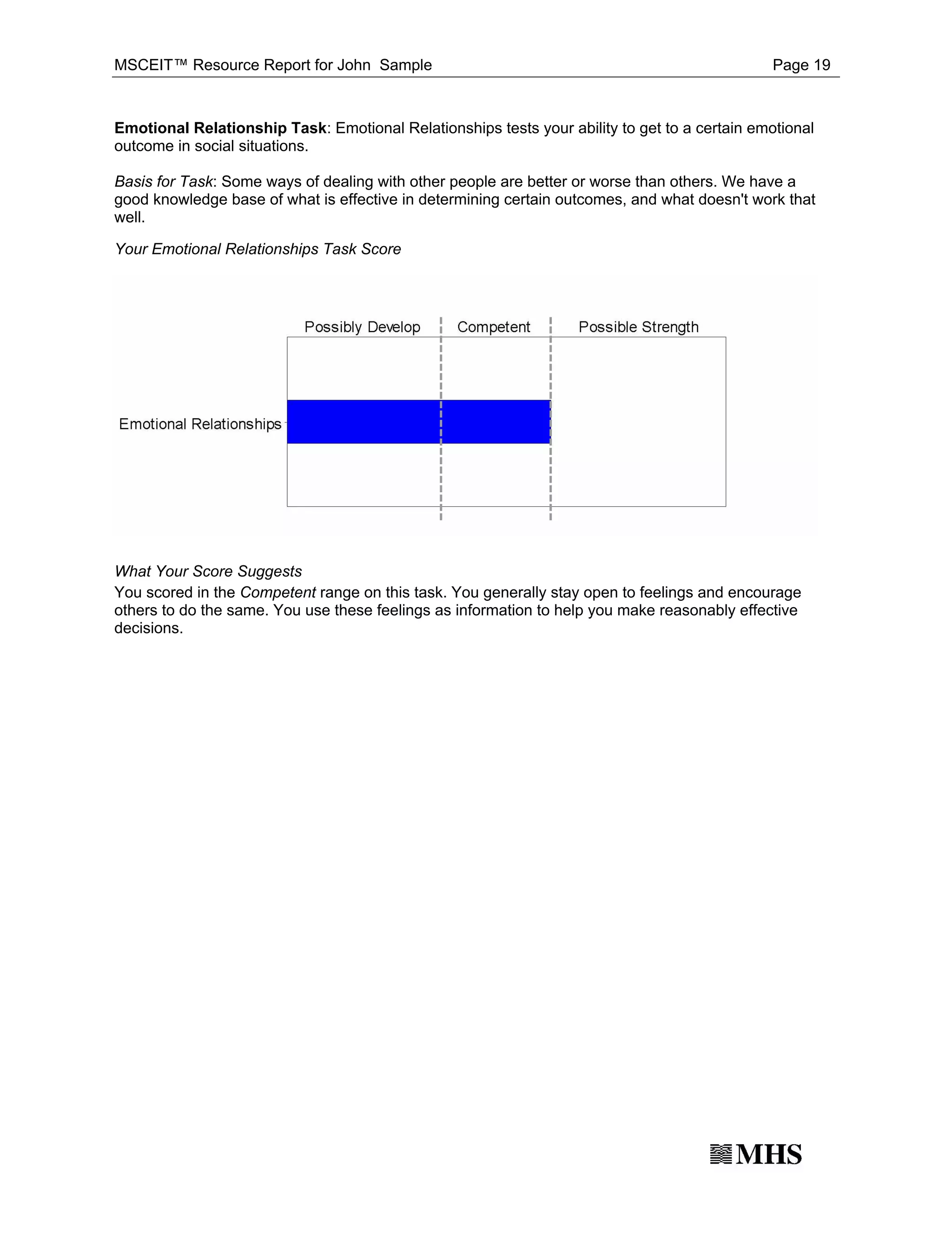 MSCEIT™ Resource Report for John Sample                                                        Page 19



Emotional Relationship Task: Emotional Relationships tests your ability to get to a certain emotional
outcome in social situations.

Basis for Task: Some ways of dealing with other people are better or worse than others. We have a
good knowledge base of what is effective in determining certain outcomes, and what doesn't work that
well.

Your Emotional Relationships Task Score




What Your Score Suggests
You scored in the Competent range on this task. You generally stay open to feelings and encourage
others to do the same. You use these feelings as information to help you make reasonably effective
decisions.
 