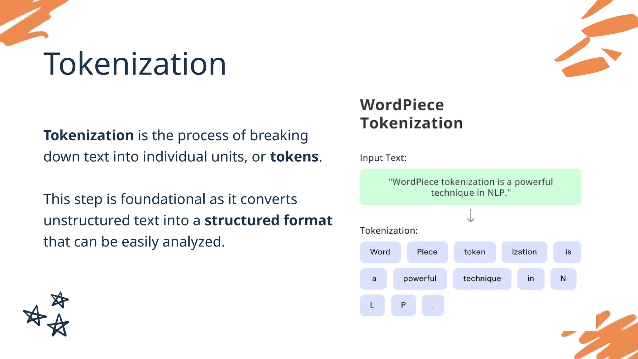 Tokenization
Tokenization is the process of breaking
down text into individual units, or tokens.
This step is foundational as it converts
unstructured text into a structured format
that can be easily analyzed.
 