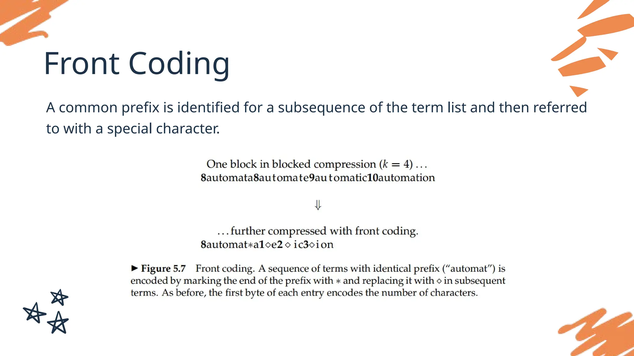 Front Coding
A common prefix is identified for a subsequence of the term list and then referred
to with a special character.
 