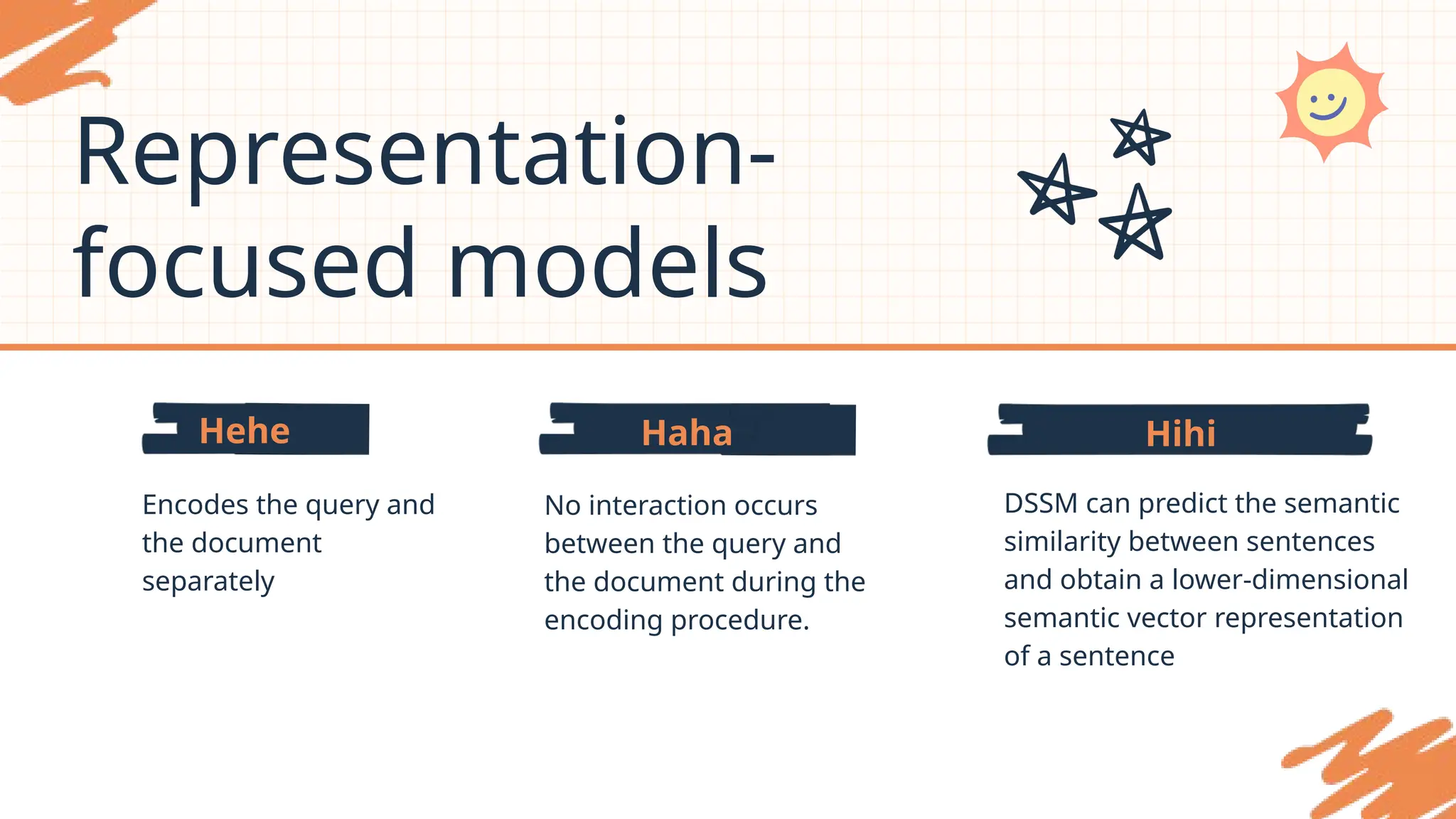 Hihi
Haha
Hehe
Representation-
focused models
Encodes the query and
the document
separately
No interaction occurs
between the query and
the document during the
encoding procedure.
DSSM can predict the semantic
similarity between sentences
and obtain a lower-dimensional
semantic vector representation
of a sentence
 