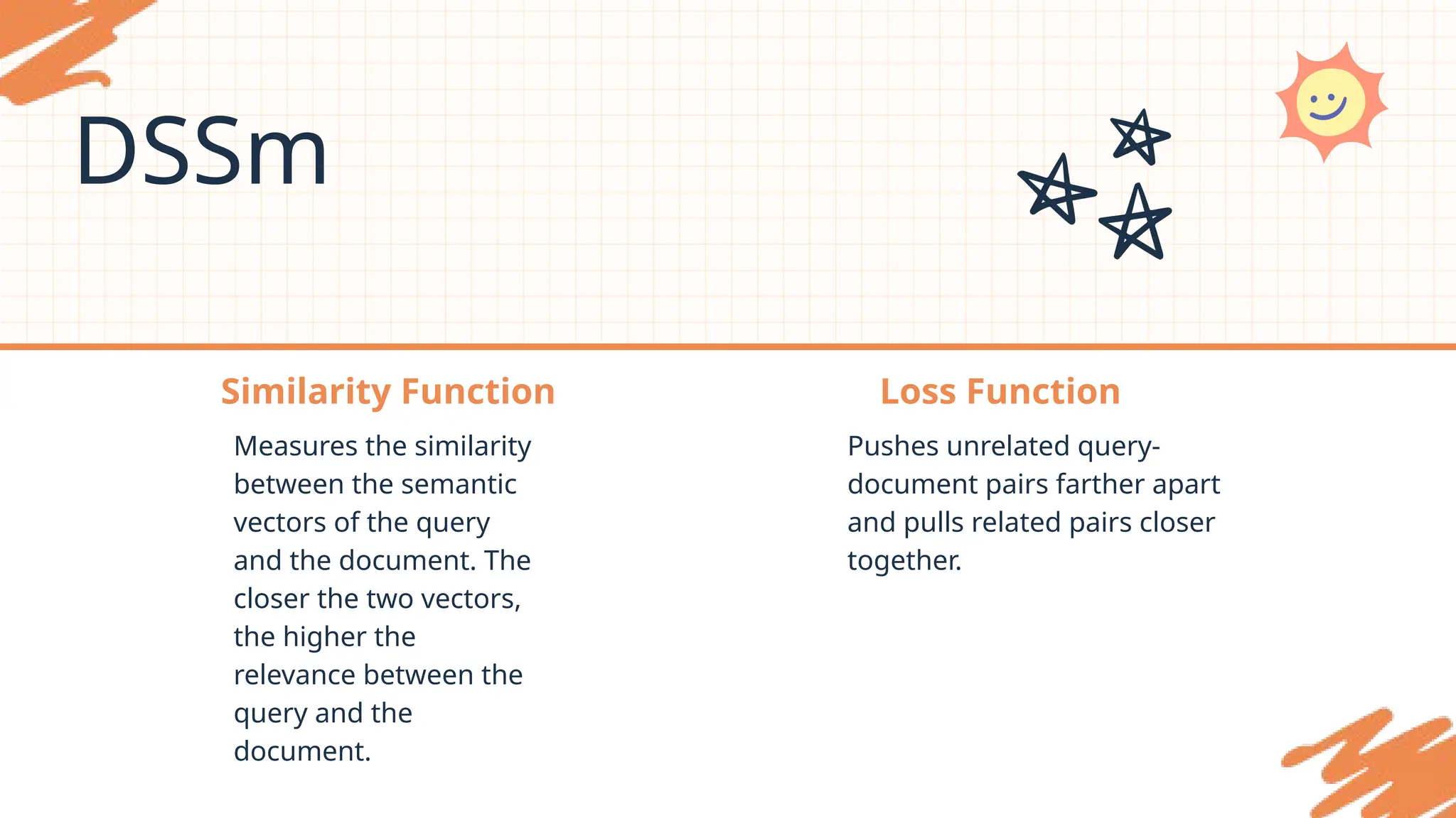 Loss Function
Similarity Function
DSSm
Measures the similarity
between the semantic
vectors of the query
and the document. The
closer the two vectors,
the higher the
relevance between the
query and the
document.
Pushes unrelated query-
document pairs farther apart
and pulls related pairs closer
together.
 