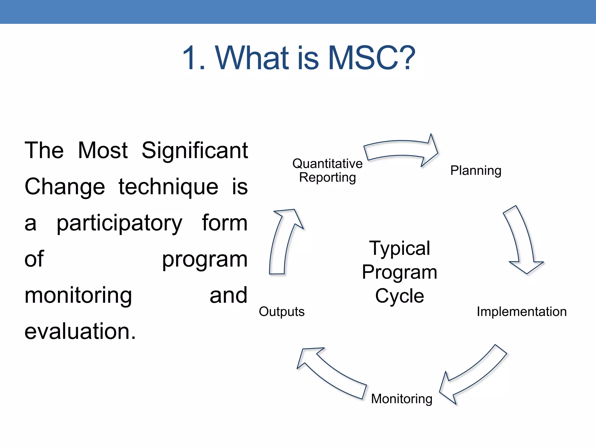 1. What is MSC?
Planning
Implementation
Monitoring
Outputs
Quantitative
Reporting
The Most Significant
Change technique is
a participatory form
of program
monitoring and
evaluation.
Typical
Program
Cycle
 