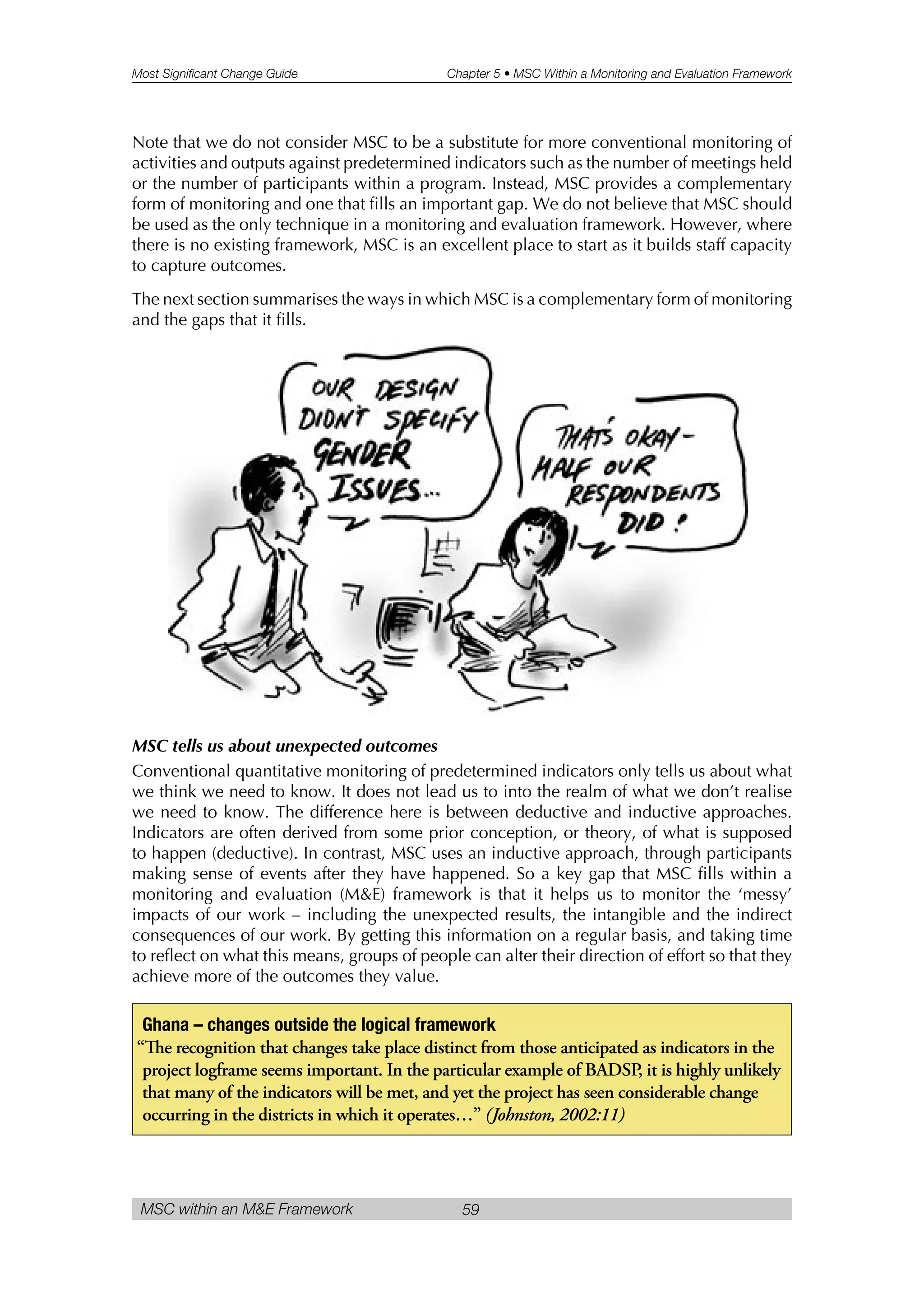 Most Significant Change Guide Chapter 5 • MSC Within a Monitoring and Evaluation Framework
MSC within an M&E Framework 59
Note that we do not consider MSC to be a substitute for more conventional monitoring of
activities and outputs against predetermined indicators such as the number of meetings held
or the number of participants within a program. Instead, MSC provides a complementary
form of monitoring and one that fills an important gap. We do not believe that MSC should
be used as the only technique in a monitoring and evaluation framework. However, where
there is no existing framework, MSC is an excellent place to start as it builds staff capacity
to capture outcomes.
The next section summarises the ways in which MSC is a complementary form of monitoring
and the gaps that it fills.
MSC tells us about unexpected outcomes
Conventional quantitative monitoring of predetermined indicators only tells us about what
we think we need to know. It does not lead us to into the realm of what we don’t realise
we need to know. The difference here is between deductive and inductive approaches.
Indicators are often derived from some prior conception, or theory, of what is supposed
to happen (deductive). In contrast, MSC uses an inductive approach, through participants
making sense of events after they have happened. So a key gap that MSC fills within a
monitoring and evaluation (M&E) framework is that it helps us to monitor the ‘messy’
impacts of our work – including the unexpected results, the intangible and the indirect
consequences of our work. By getting this information on a regular basis, and taking time
to reflect on what this means, groups of people can alter their direction of effort so that they
achieve more of the outcomes they value.
Ghana – changes outside the logical framework
“e recognition that changes take place distinct from those anticipated as indicators in the
project logframe seems important. In the particular example of BADSP, it is highly unlikely
that many of the indicators will be met, and yet the project has seen considerable change
occurring in the districts in which it operates…” (Johnston, 2002:11)
 