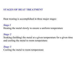 STAGES OF HEAT TREATMENT


Heat treating is accomplished in three major stages:

Stage l
Heating the metal slowly to ensure a uniform temperature

Stage 2
Soaking (holding) the metal at a given temperature for a given time
and cooling the metal to room temperature

Stage 3
Cooling the metal to room temperature
 