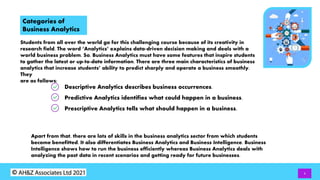 4
Categories of
Business Analytics
Students from all over the world go for this challenging course because of its creativity in
research field. The word ‘Analytics’ explains data-driven decision making and deals with a
world business problem. So, Business Analytics must have some features that inspire students
to gather the latest or up-to-date information. There are three main characteristics of business
analytics that increase students’ ability to predict sharply and operate a business smoothly.
They
are as follows:
Descriptive Analytics describes business occurrences.
Predictive Analytics identifies what could happen in a business.
Prescriptive Analytics tells what should happen in a business.
Apart from that, there are lots of skills in the business analytics sector from which students
become benefitted. It also differentiates Business Analytics and Business Intelligence. Business
Intelligence shows how to run the business efficiently whereas Business Analytics deals with
analyzing the past data in recent scenarios and getting ready for future businesses.
 