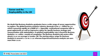 8
Career and the
Employability in the UK
No doubt that Business Analytics graduates have a wide range of career opportunities
to explore. The global business analytics industry demands to be $71.1 billion by 2022
which is growing rapidly at a CAGR of 7%. Especially, multinational companies offer a
great opportunity as well as impressive salary for specific business strategy and
communication with stakeholders. A satisfied employability rate is found for Business
Analytics, 98% within 3 months of completion. The Business Analytics job sectors offer
almost £46,883 on average in London, UK. The starting salary range for Business
Analytics is around £21,000 to £31,000 whereas Experienced business analysts can earn
more than £50,000.
 