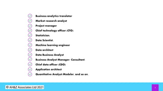 9
Business/analytics translator
Market research analyst
Project manager
Chief technology officer (CTO)
Statistician,
Data Scientist,
Machine learning engineer
Data architect
Data Business Analyst
Business Analyst Manager/ Consultant.
Chief data officer (CDO)
Application architect
Quantitative Analyst/Modeler, and so on.
 