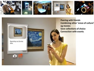 Peering with friends
Combining other ‘areas of culture’
eg movies
Save collections of choice
Connection with events
 