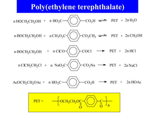 Poly(ethylene terephthalate)
OCH2CH2OC C
O O n
PET =
n HOCH2CH2OH CO2H
HO2C
+ n PET 2n H2O
+
n HOCH2CH2OH
PET
CH3O2C CO2CH3
+ n
2n CH3OH
+
n HOCH2CH2OH COCl
ClCO
PET +
2n HCl
+ n
n ClCH2CH2Cl NaO2C CO2Na
+ n
+ n
PET + 2n NaCl
CO2H
HO2C
+ n
AcOCH2CH2OAc PET 2n HOAc
+
 
