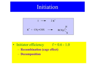Initiation
• Initiator efficiency f = 0.6 - 1.0
– Recombination (cage effect)
– Decomposition
I 2
R CH2 CHX
+ RCH2C
H
X
R
 