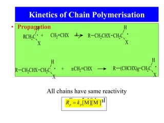 Kinetics of Chain Polymerisation
• Propagation
All chains have same reactivity
EA ~ 5-10 kcal
CH2 CHX
RCH2C
H
X
+
R CH2CHX
X
H
CH2C
R CH2CHX
X
H
CH2C n R (CHCHX)n
X
H
CH2C
CH2 CHX
+
]
M
][
M
[
 p
p k
R
kp
 