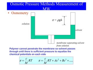 • Osmometry
 = rgh
membrane separating solvent
from solution
solution
solvent
Polymer cannot penetrate the membrane so solvent passes
through until there is sufficient pressure to equalize the
chemical potentials on each side
.....
3
2




 Bc
Ac
RT
M
c
RT
M
c


Osmotic Pressure Methods Measurement of
MW
 