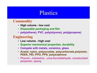 Plastics
Commodity
• High volume - low cost
• Disposable packaging and film
• poly(ethene), PVC, poly(styrene), poly(propene)
Engineering
• Low volume - high cost
• Superior mechanical properties, durability
• Compete with metals, ceramics, glass
• Acetal, nylon, polyacrylate, polycarbonate,polyester,
PEEK, PEI, PPO, PPS, polysulphone
• Phenol-, melamine-, urea-formaldehyde, unsaturated
polyester, epoxy
 