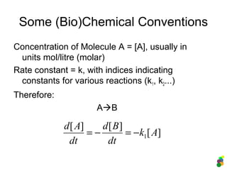 Some (Bio)Chemical Conventions
Concentration of Molecule A = [A], usually in
units mol/litre (molar)
Rate constant = k, with indices indicating
constants for various reactions (k1, k2...)
Therefore:
AB
][
][][
1 Ak
dt
Bd
dt
Ad
−=−=
 