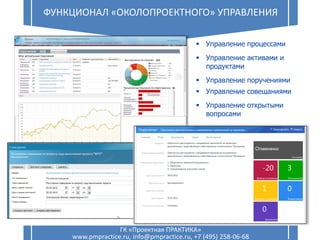 Функциональная ИСУП
Функционал «околопроектного» управления
18 ФУНКЦИОНАЛ «ОКОЛОПРОЕКТНОГО» УПРАВЛЕНИЯ
ГК «Проектная ПРАКТИКА»
www.pmpractice.ru, info@pmpractice.ru, +7 (495) 258-06-68
 Управление процессами
 Управление активами и
продуктами
 Управление поручениями
 Управление совещаниями
 Управление открытыми
вопросами
 