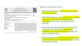 Based on 19 studies review
• DNA databases are an effective deterrence
and detection tool
• DNA databases are more effective in studying
the crimes committed by unidentified
offenders than other criminological data
sources
• Combining the DNA database and the police
recorded crime database gives a more
complete view on criminal networks than the
police database alone
• DNA databases do increase the probability of
identification, arrest and prosecution in cases
of property crimes
 