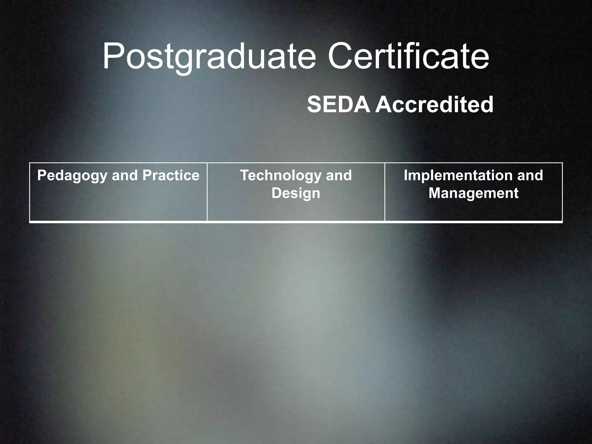 Postgraduate Certificate
Pedagogy and Practice Technology and
Design
Implementation and
Management
SEDA Accredited
 