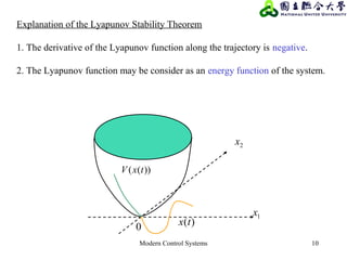 Modern Control Systems 10
Explanation of the Lyapunov Stability Theorem
1. The derivative of the Lyapunov function along the trajectory is negative.
2. The Lyapunov function may be consider as an energy function of the system.
2x
1x
))(( txV
)(tx0
 