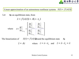 Modern Control Systems 19
)-())(( exxAtxfx ≈=
exxz -=whereAzz = xxxz e
 == -and
Let exbe an equilibrium state, from
The linearization of around the equilibrium state is))(()( txftx = ex
Linear approximation of an autonomous nonlinear systems ))(()( txftx =
2
2
1
2
2
1
1
1














∂
∂
∂
∂
∂
∂
∂
∂
=
∂
∂
=
==
==
=
ee
ee
e
xxxx
xxxx
xx
x
f
x
f
x
f
x
f
x
f
Awhere
 