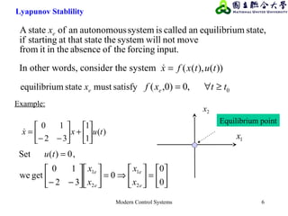 Modern Control Systems 6
input.forcingtheofabsencetheinitfrom
movenotwillsystemthestateat thatstartingif
state,mequilibriuancalledissystemautonomousanofstateA ex
))(),(( tutxfx =
0,0)0,( ttxf e ≥∀=
)(
1
1
32
10
tuxx 





+





−−
=






=





⇒=











−−
=
0
0
0
32
10
getwe
,0)(Set
2
1
2
1
e
e
e
e
x
x
x
x
tu
Example:
1x
2x
Equilibrium point
Lyapunov Stablility
In other words, consider the system
satisfymuststatemequilibriu ex
 