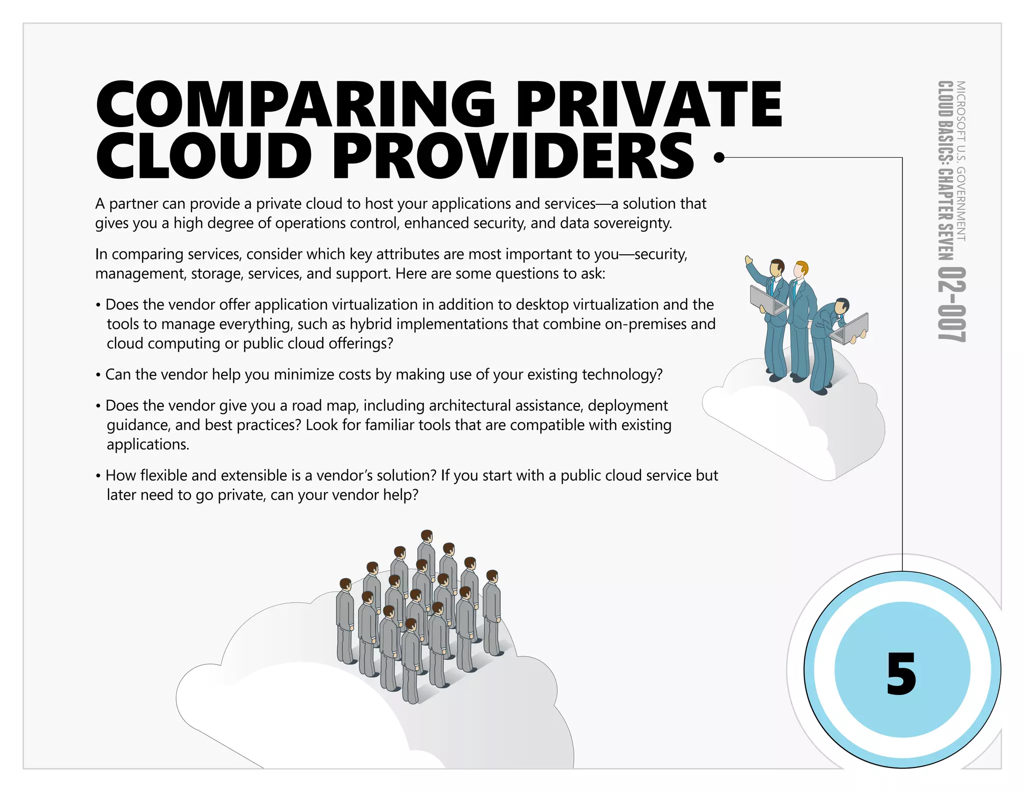 COMPARING PRIVATE




                                                                                                         CLOUD BASICS: CHAPTER SEVEN
                                                                                                                                 MICROSOFT U.S. GOVERNMENT
CLOUD PROVIDERS
A partner can provide a private cloud to host your applications and services—a solution that
gives you a high degree of operations control, enhanced security, and data sovereignty.

In comparing services, consider which key attributes are most important to you—security,
management, storage, services, and support. Here are some questions to ask:




                                                                                                         02-007
• Does the vendor offer application virtualization in addition to desktop virtualization and the
  tools to manage everything, such as hybrid implementations that combine on-premises and
  cloud computing or public cloud offerings?

• Can the vendor help you minimize costs by making use of your existing technology?

• Does the vendor give you a road map, including architectural assistance, deployment
  guidance, and best practices? Look for familiar tools that are compatible with existing
  applications.
• How flexible and extensible is a vendor’s solution? If you start with a public cloud service but
  later need to go private, can your vendor help?




                                                                                                     5
 