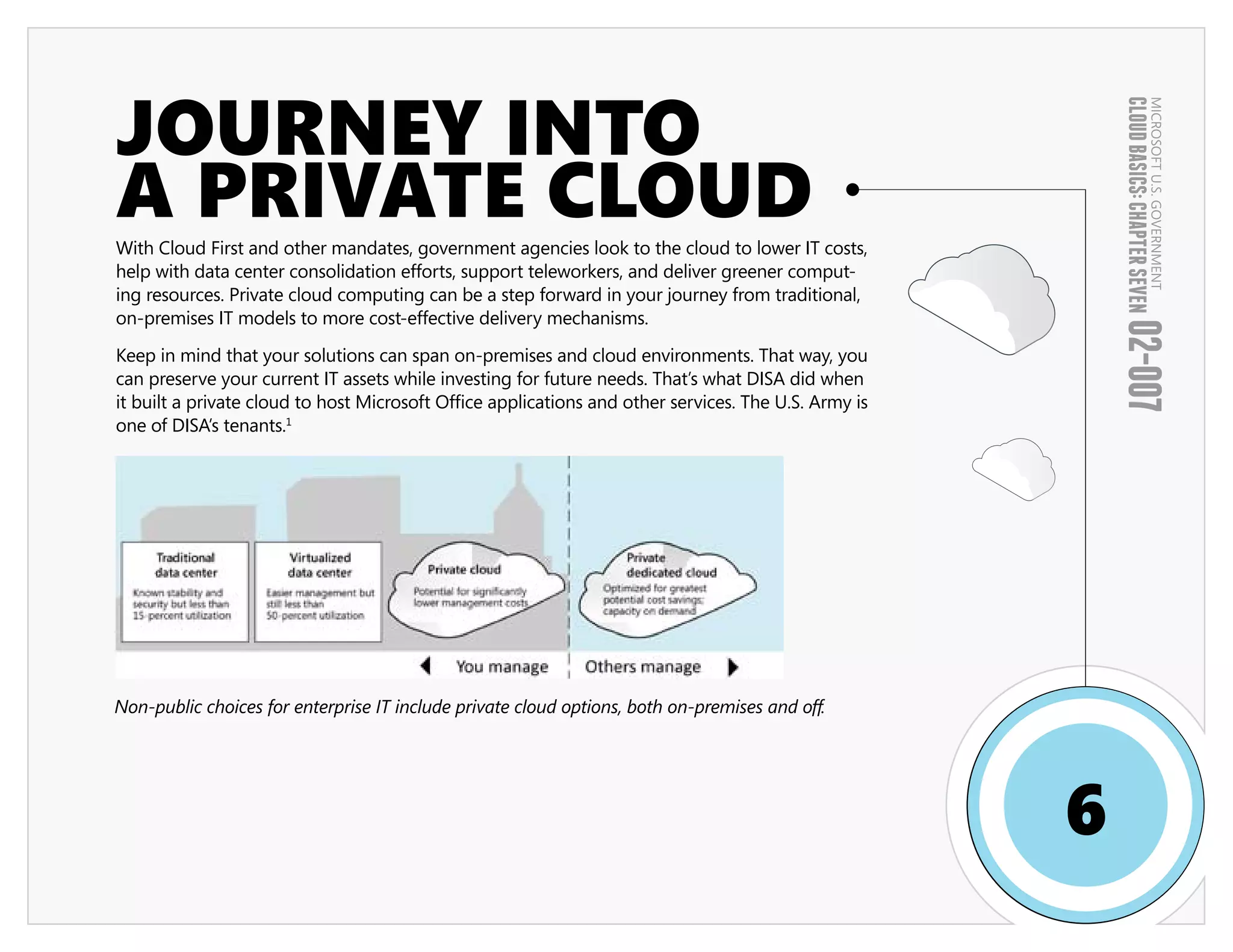 JOURNEY INTO




                                                                                                          CLOUD BASICS: CHAPTER SEVEN
                                                                                                                                  MICROSOFT U.S. GOVERNMENT
A PRIVATE CLOUD
With Cloud First and other mandates, government agencies look to the cloud to lower IT costs,
help with data center consolidation efforts, support teleworkers, and deliver greener comput-
ing resources. Private cloud computing can be a step forward in your journey from traditional,
on-premises IT models to more cost-effective delivery mechanisms.




                                                                                                          02-007
Keep in mind that your solutions can span on-premises and cloud environments. That way, you
can preserve your current IT assets while investing for future needs. That’s what DISA did when
it built a private cloud to host Microsoft Office applications and other services. The U.S. Army is
one of DISA’s tenants.1




Non-public choices for enterprise IT include private cloud options, both on-premises and off.




                                                                                                      6
 