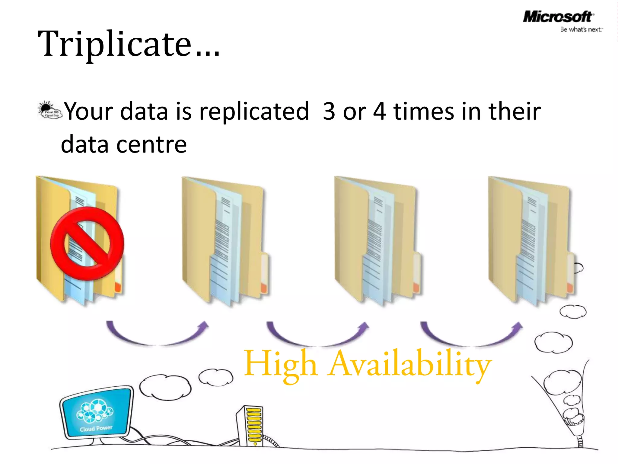Triplicate…
 Your data is replicated 3 or 4 times in their
 data centre
 