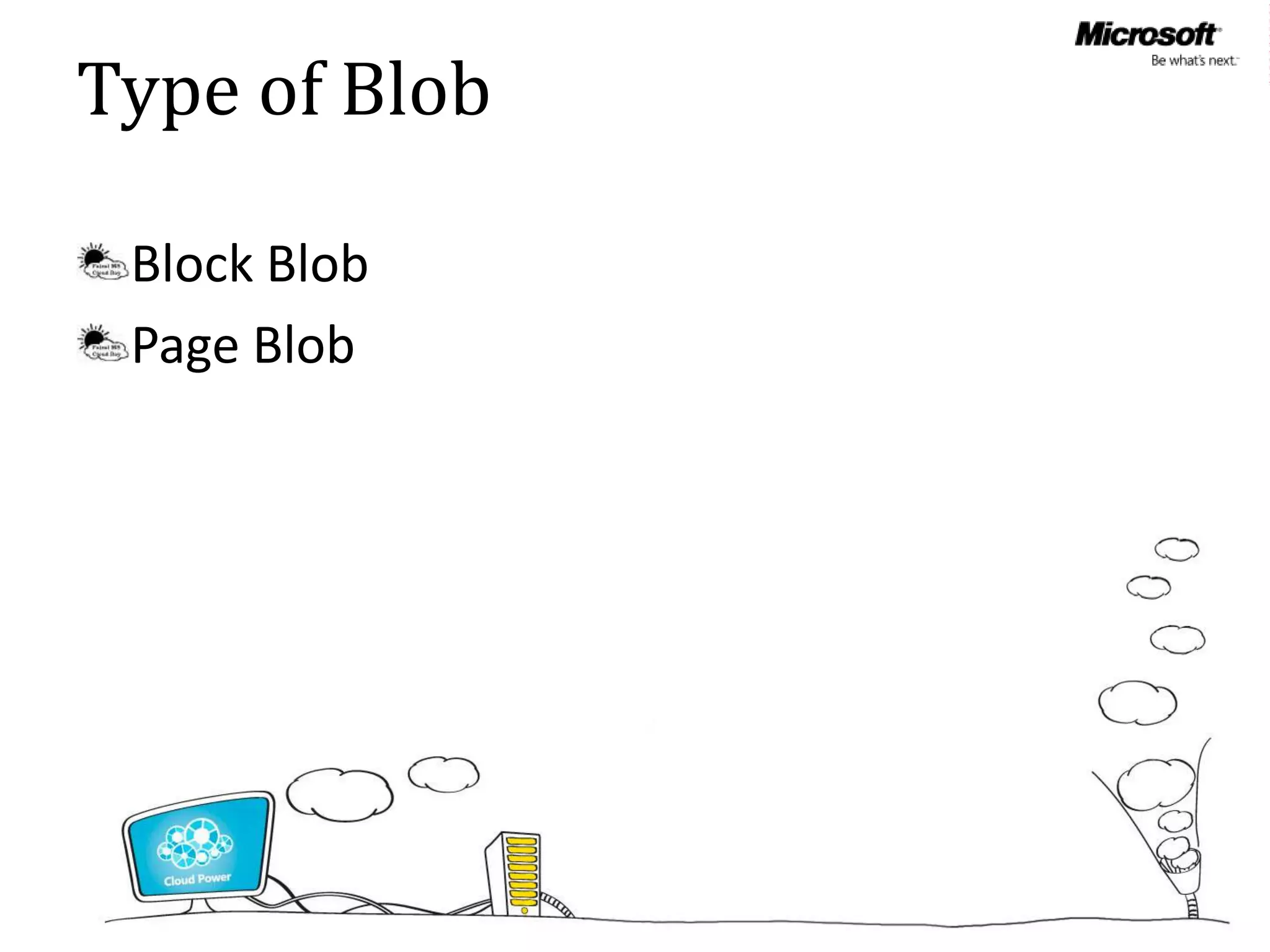 Type of Blob

 Block Blob
 Page Blob
 