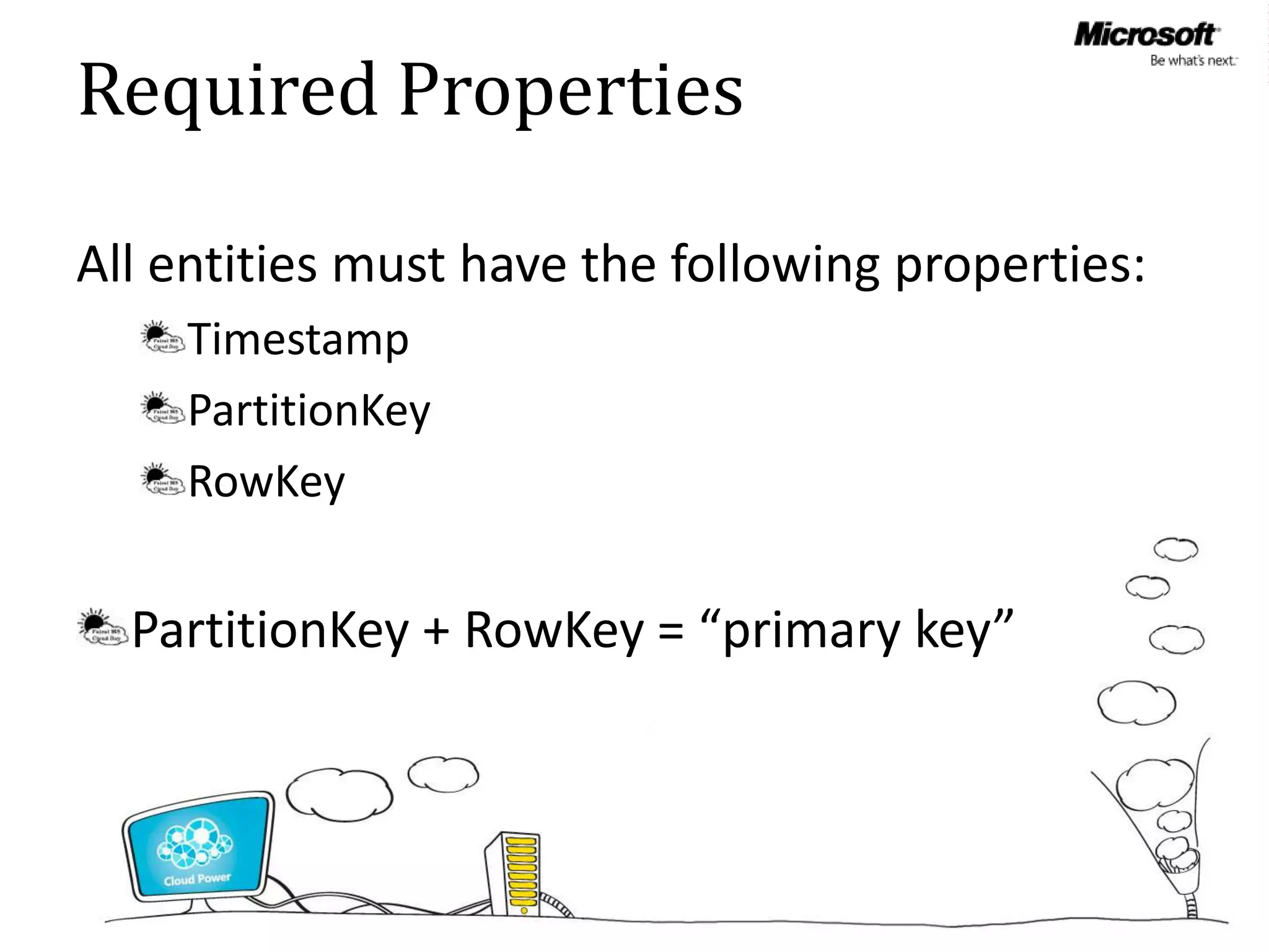 Required Properties

All entities must have the following properties:
    Timestamp
    PartitionKey
    RowKey


  PartitionKey + RowKey = “primary key”
 