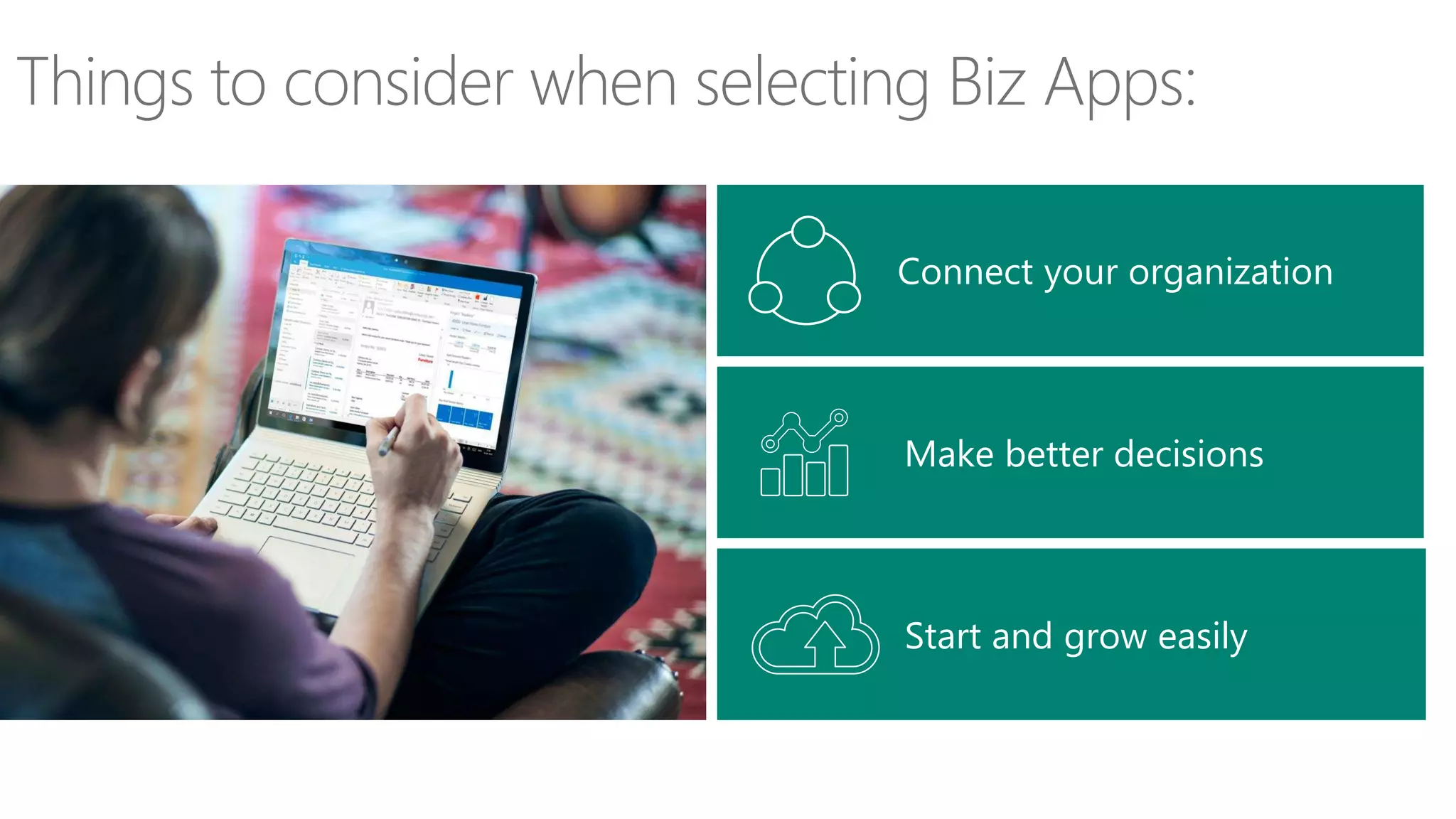 Connect your organization
Make better decisions
Start and grow easily
Things to consider when selecting Biz Apps:
 