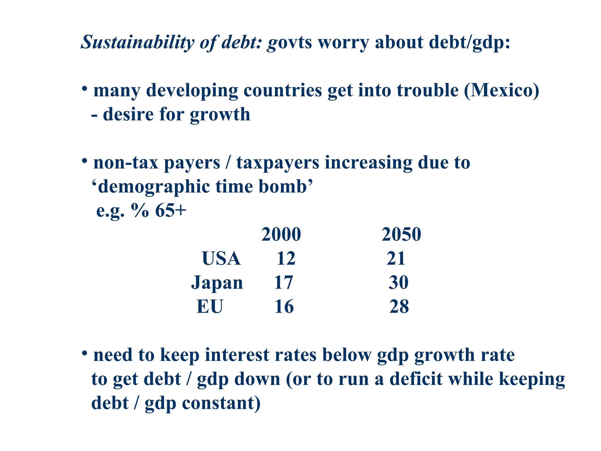 Sustainability of debt: govts worry about debt/gdp:
• many developing countries get into trouble (Mexico)
- desire for growth
• non-tax payers / taxpayers increasing due to
‘demographic time bomb’
e.g. % 65+
2000 2050
USA 12 21
Japan 17 30
EU 16 28
• need to keep interest rates below gdp growth rate
to get debt / gdp down (or to run a deficit while keeping
debt / gdp constant)
 