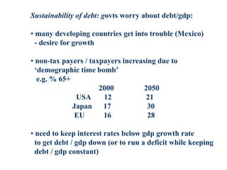 Sustainability of debt: govts worry about debt/gdp:
• many developing countries get into trouble (Mexico)
- desire for growth
• non-tax payers / taxpayers increasing due to
‘demographic time bomb’
e.g. % 65+
2000 2050
USA 12 21
Japan 17 30
EU 16 28
• need to keep interest rates below gdp growth rate
to get debt / gdp down (or to run a deficit while keeping
debt / gdp constant)
 