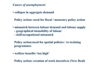 Causes of unemployment
• collapse in aggregate demand
Policy action: need for fiscal / monetary policy action
• mismatch between labour demand and labour supply
- geographical immobility of labour
- skill/occupational mismatch
Policy action:need for spatial policies / re-training
programmes
• welfare benefits ‘too high’
Policy action: creation of work incentives (New Deal)
 