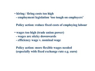 • hiring / firing costs too high
- employment legislation ‘too tough on employers’
Policy action: reduce fixed costs of employing labour
• wages too high (trade union power)
- wages are sticky downwards
- efficiency wage v. nominal wage
Policy action: more flexible wages needed
(especially with fixed exchange rate e.g. euro)
 