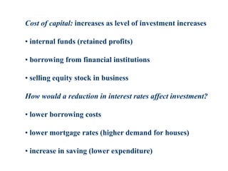 Cost of capital: increases as level of investment increases
• internal funds (retained profits)
• borrowing from financial institutions
• selling equity stock in business
How would a reduction in interest rates affect investment?
• lower borrowing costs
• lower mortgage rates (higher demand for houses)
• increase in saving (lower expenditure)
 