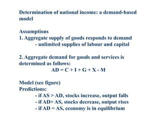 Determination of national income: a demand-based
model
Assumptions
1. Aggregate supply of goods responds to demand
- unlimited supplies of labour and capital
2. Aggregate demand for goods and services is
determined as follows:
AD = C + I + G + X - M
Model (see figure)
Predictions:
- if AS > AD, stocks increase, output falls
- if AD> AS, stocks decrease, output rises
- if AD = AS, economy is in equilibrium
 