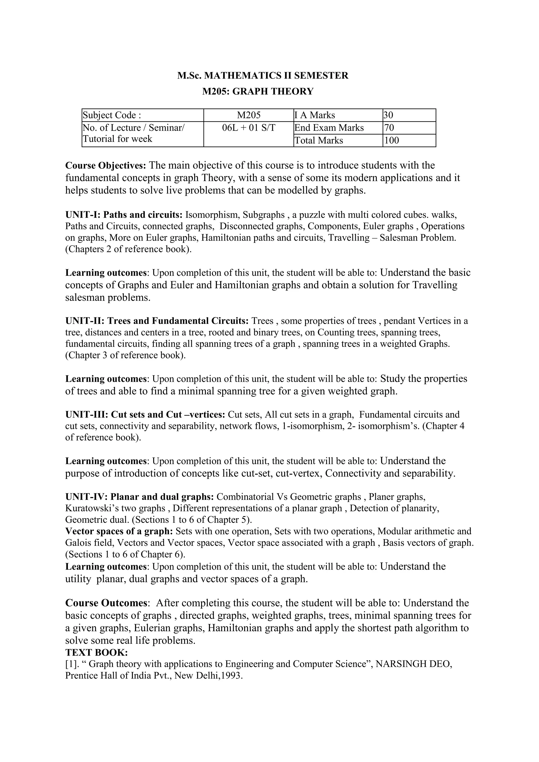 M.Sc. MATHEMATICS II SEMESTER
M205: GRAPH THEORY
Subject Code : M205 I A Marks 30
No. of Lecture / Seminar/
Tutorial for week
06L + 01 S/T End Exam Marks 70
Total Marks 100
Course Objectives: The main objective of this course is to introduce students with the
fundamental concepts in graph Theory, with a sense of some its modern applications and it
helps students to solve live problems that can be modelled by graphs.
UNIT-I: Paths and circuits: Isomorphism, Subgraphs , a puzzle with multi colored cubes. walks,
Paths and Circuits, connected graphs, Disconnected graphs, Components, Euler graphs , Operations
on graphs, More on Euler graphs, Hamiltonian paths and circuits, Travelling – Salesman Problem.
(Chapters 2 of reference book).
Learning outcomes: Upon completion of this unit, the student will be able to: Understand the basic
concepts of Graphs and Euler and Hamiltonian graphs and obtain a solution for Travelling
salesman problems.
UNIT-II: Trees and Fundamental Circuits: Trees , some properties of trees , pendant Vertices in a
tree, distances and centers in a tree, rooted and binary trees, on Counting trees, spanning trees,
fundamental circuits, finding all spanning trees of a graph , spanning trees in a weighted Graphs.
(Chapter 3 of reference book).
Learning outcomes: Upon completion of this unit, the student will be able to: Study the properties
of trees and able to find a minimal spanning tree for a given weighted graph.
UNIT-III: Cut sets and Cut –vertices: Cut sets, All cut sets in a graph, Fundamental circuits and
cut sets, connectivity and separability, network flows, 1-isomorphism, 2- isomorphism’s. (Chapter 4
of reference book).
Learning outcomes: Upon completion of this unit, the student will be able to: Understand the
purpose of introduction of concepts like cut-set, cut-vertex, Connectivity and separability.
UNIT-IV: Planar and dual graphs: Combinatorial Vs Geometric graphs , Planer graphs,
Kuratowski’s two graphs , Different representations of a planar graph , Detection of planarity,
Geometric dual. (Sections 1 to 6 of Chapter 5).
Vector spaces of a graph: Sets with one operation, Sets with two operations, Modular arithmetic and
Galois field, Vectors and Vector spaces, Vector space associated with a graph , Basis vectors of graph.
(Sections 1 to 6 of Chapter 6).
Learning outcomes: Upon completion of this unit, the student will be able to: Understand the
utility planar, dual graphs and vector spaces of a graph.
Course Outcomes: After completing this course, the student will be able to: Understand the
basic concepts of graphs , directed graphs, weighted graphs, trees, minimal spanning trees for
a given graphs, Eulerian graphs, Hamiltonian graphs and apply the shortest path algorithm to
solve some real life problems.
TEXT BOOK:
[1]. “ Graph theory with applications to Engineering and Computer Science”, NARSINGH DEO,
Prentice Hall of India Pvt., New Delhi,1993.
 