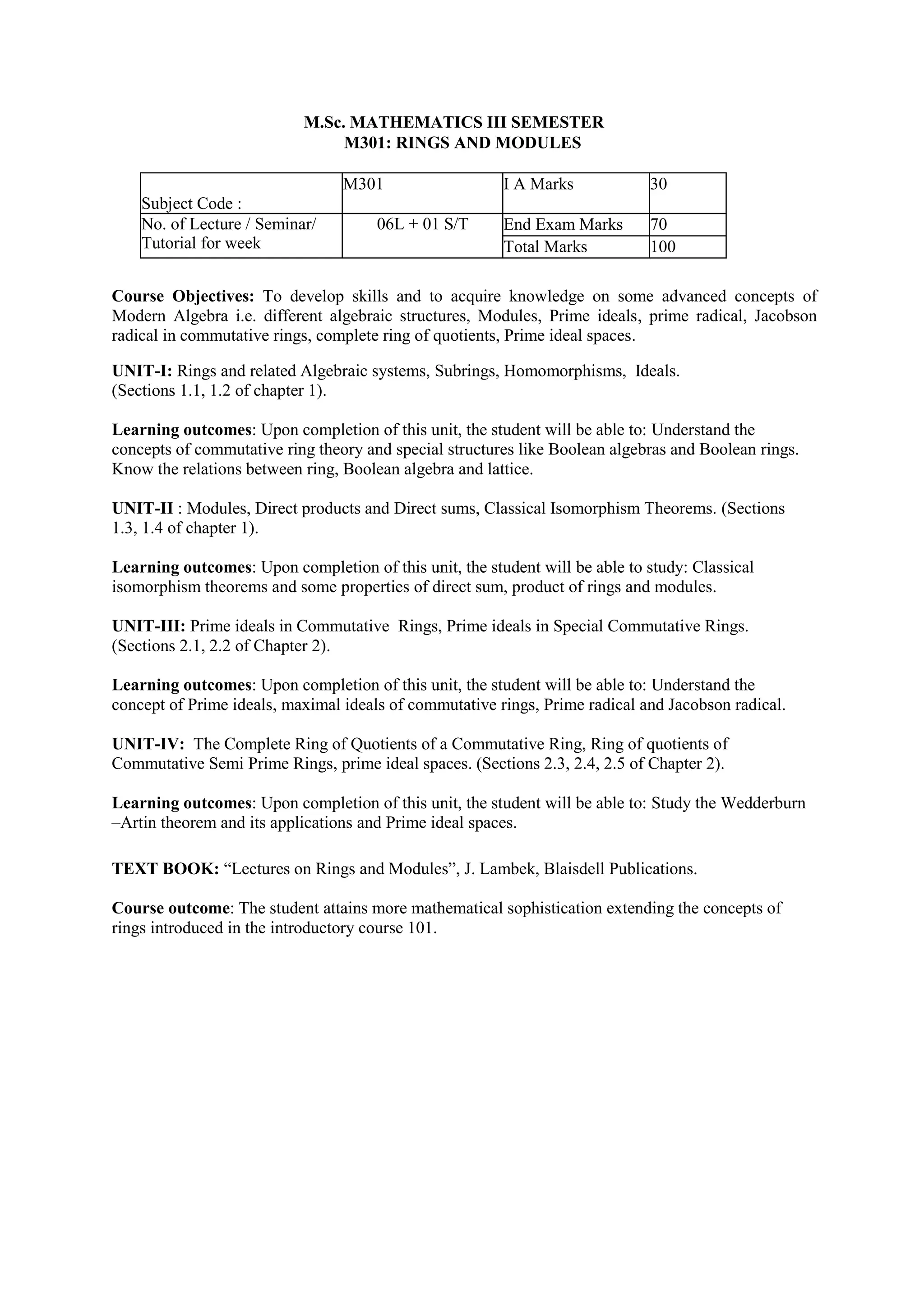 M.Sc. MATHEMATICS III SEMESTER
M301: RINGS AND MODULES
Subject Code :
M301 I A Marks 30
No. of Lecture / Seminar/
Tutorial for week
06L + 01 S/T End Exam Marks 70
Total Marks 100
Course Objectives: To develop skills and to acquire knowledge on some advanced concepts of
Modern Algebra i.e. different algebraic structures, Modules, Prime ideals, prime radical, Jacobson
radical in commutative rings, complete ring of quotients, Prime ideal spaces.
UNIT-I: Rings and related Algebraic systems, Subrings, Homomorphisms, Ideals.
(Sections 1.1, 1.2 of chapter 1).
Learning outcomes: Upon completion of this unit, the student will be able to: Understand the
concepts of commutative ring theory and special structures like Boolean algebras and Boolean rings.
Know the relations between ring, Boolean algebra and lattice.
UNIT-II : Modules, Direct products and Direct sums, Classical Isomorphism Theorems. (Sections
1.3, 1.4 of chapter 1).
Learning outcomes: Upon completion of this unit, the student will be able to study: Classical
isomorphism theorems and some properties of direct sum, product of rings and modules.
UNIT-III: Prime ideals in Commutative Rings, Prime ideals in Special Commutative Rings.
(Sections 2.1, 2.2 of Chapter 2).
Learning outcomes: Upon completion of this unit, the student will be able to: Understand the
concept of Prime ideals, maximal ideals of commutative rings, Prime radical and Jacobson radical.
UNIT-IV: The Complete Ring of Quotients of a Commutative Ring, Ring of quotients of
Commutative Semi Prime Rings, prime ideal spaces. (Sections 2.3, 2.4, 2.5 of Chapter 2).
Learning outcomes: Upon completion of this unit, the student will be able to: Study the Wedderburn
–Artin theorem and its applications and Prime ideal spaces.
TEXT BOOK: “Lectures on Rings and Modules”, J. Lambek, Blaisdell Publications.
Course outcome: The student attains more mathematical sophistication extending the concepts of
rings introduced in the introductory course 101.
 