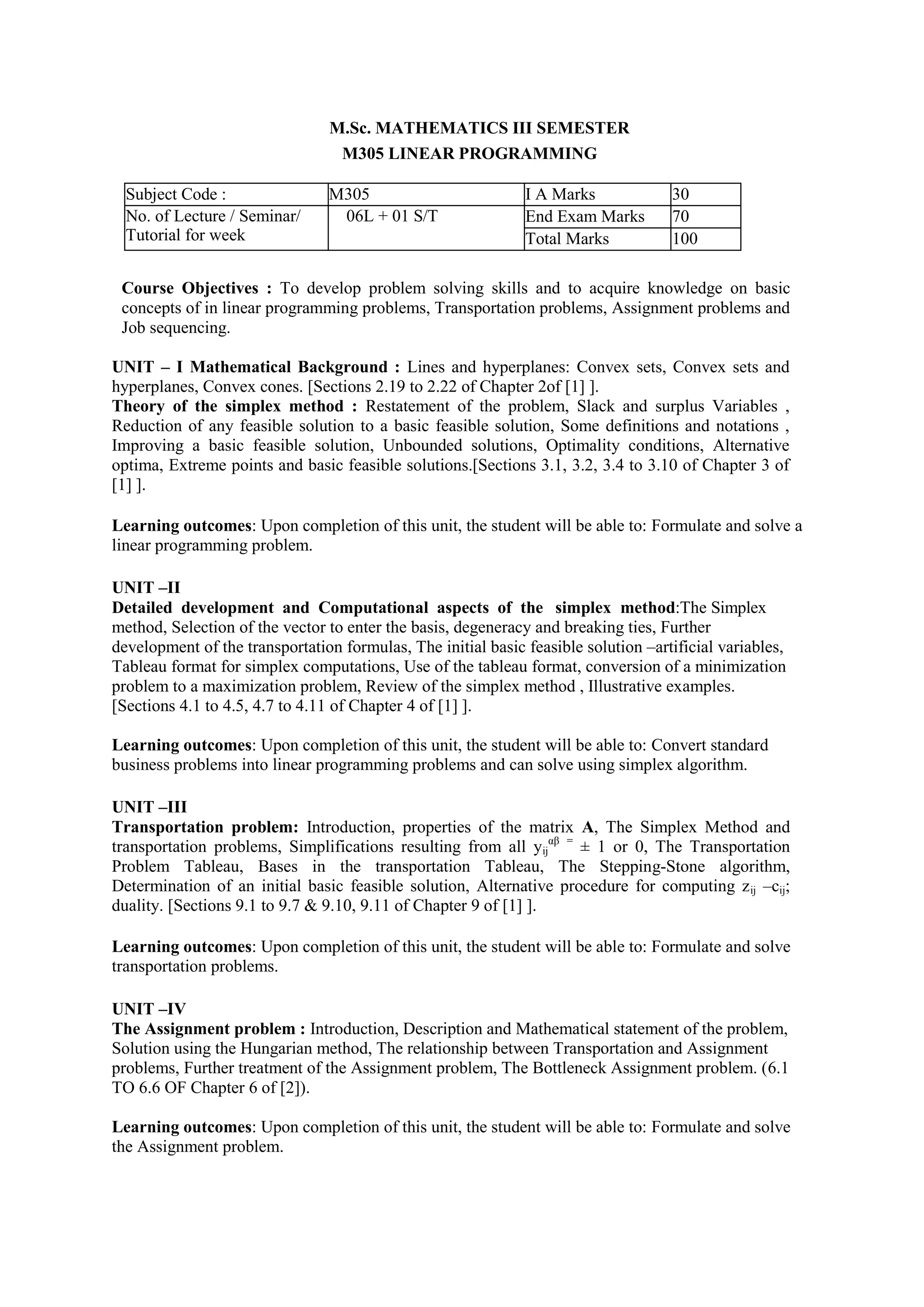 M.Sc. MATHEMATICS III SEMESTER
M305 LINEAR PROGRAMMING
Subject Code : M305 I A Marks 30
No. of Lecture / Seminar/
Tutorial for week
06L + 01 S/T End Exam Marks 70
Total Marks 100
Course Objectives : To develop problem solving skills and to acquire knowledge on basic
concepts of in linear programming problems, Transportation problems, Assignment problems and
Job sequencing.
UNIT – I Mathematical Background : Lines and hyperplanes: Convex sets, Convex sets and
hyperplanes, Convex cones. [Sections 2.19 to 2.22 of Chapter 2of [1] ].
Theory of the simplex method : Restatement of the problem, Slack and surplus Variables ,
Reduction of any feasible solution to a basic feasible solution, Some definitions and notations ,
Improving a basic feasible solution, Unbounded solutions, Optimality conditions, Alternative
optima, Extreme points and basic feasible solutions.[Sections 3.1, 3.2, 3.4 to 3.10 of Chapter 3 of
[1] ].
Learning outcomes: Upon completion of this unit, the student will be able to: Formulate and solve a
linear programming problem.
UNIT –II
Detailed development and Computational aspects of the simplex method:The Simplex
method, Selection of the vector to enter the basis, degeneracy and breaking ties, Further
development of the transportation formulas, The initial basic feasible solution –artificial variables,
Tableau format for simplex computations, Use of the tableau format, conversion of a minimization
problem to a maximization problem, Review of the simplex method , Illustrative examples.
[Sections 4.1 to 4.5, 4.7 to 4.11 of Chapter 4 of [1] ].
Learning outcomes: Upon completion of this unit, the student will be able to: Convert standard
business problems into linear programming problems and can solve using simplex algorithm.
UNIT –III
Transportation problem: Introduction, properties of the matrix A, The Simplex Method and
transportation problems, Simplifications resulting from all yij
αβ =
± 1 or 0, The Transportation
Problem Tableau, Bases in the transportation Tableau, The Stepping-Stone algorithm,
Determination of an initial basic feasible solution, Alternative procedure for computing zij –cij;
duality. [Sections 9.1 to 9.7 & 9.10, 9.11 of Chapter 9 of [1] ].
Learning outcomes: Upon completion of this unit, the student will be able to: Formulate and solve
transportation problems.
UNIT –IV
The Assignment problem : Introduction, Description and Mathematical statement of the problem,
Solution using the Hungarian method, The relationship between Transportation and Assignment
problems, Further treatment of the Assignment problem, The Bottleneck Assignment problem. (6.1
TO 6.6 OF Chapter 6 of [2]).
Learning outcomes: Upon completion of this unit, the student will be able to: Formulate and solve
the Assignment problem.
 