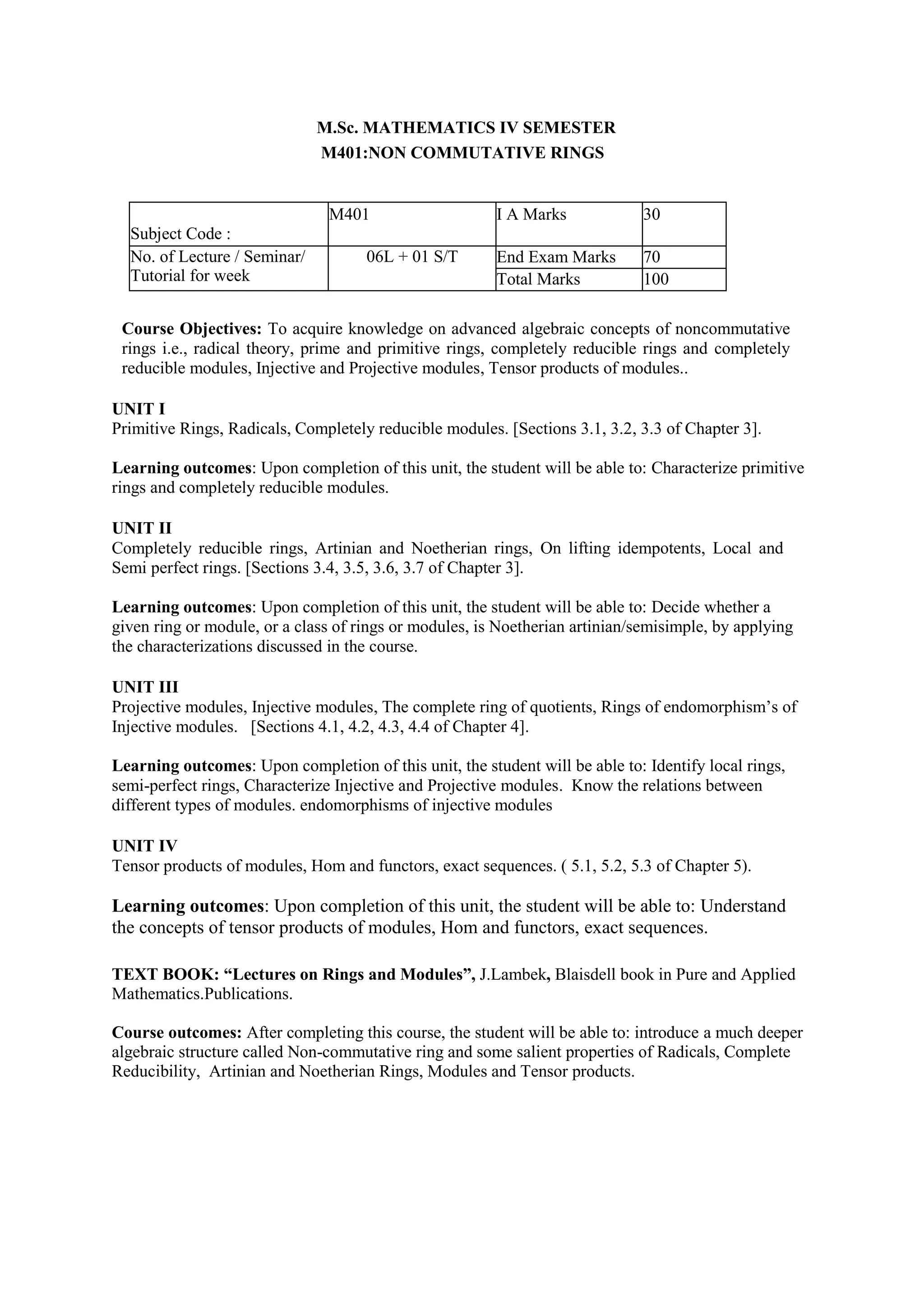 M.Sc. MATHEMATICS IV SEMESTER
M401:NON COMMUTATIVE RINGS
Subject Code :
M401 I A Marks 30
No. of Lecture / Seminar/
Tutorial for week
06L + 01 S/T End Exam Marks 70
Total Marks 100
Course Objectives: To acquire knowledge on advanced algebraic concepts of noncommutative
rings i.e., radical theory, prime and primitive rings, completely reducible rings and completely
reducible modules, Injective and Projective modules, Tensor products of modules..
UNIT I
Primitive Rings, Radicals, Completely reducible modules. [Sections 3.1, 3.2, 3.3 of Chapter 3].
Learning outcomes: Upon completion of this unit, the student will be able to: Characterize primitive
rings and completely reducible modules.
UNIT II
Completely reducible rings, Artinian and Noetherian rings, On lifting idempotents, Local and
Semi perfect rings. [Sections 3.4, 3.5, 3.6, 3.7 of Chapter 3].
Learning outcomes: Upon completion of this unit, the student will be able to: Decide whether a
given ring or module, or a class of rings or modules, is Noetherian artinian/semisimple, by applying
the characterizations discussed in the course.
UNIT III
Projective modules, Injective modules, The complete ring of quotients, Rings of endomorphism’s of
Injective modules. [Sections 4.1, 4.2, 4.3, 4.4 of Chapter 4].
Learning outcomes: Upon completion of this unit, the student will be able to: Identify local rings,
semi-perfect rings, Characterize Injective and Projective modules. Know the relations between
different types of modules. endomorphisms of injective modules
UNIT IV
Tensor products of modules, Hom and functors, exact sequences. ( 5.1, 5.2, 5.3 of Chapter 5).
Learning outcomes: Upon completion of this unit, the student will be able to: Understand
the concepts of tensor products of modules, Hom and functors, exact sequences.
TEXT BOOK: “Lectures on Rings and Modules”, J.Lambek, Blaisdell book in Pure and Applied
Mathematics.Publications.
Course outcomes: After completing this course, the student will be able to: introduce a much deeper
algebraic structure called Non-commutative ring and some salient properties of Radicals, Complete
Reducibility, Artinian and Noetherian Rings, Modules and Tensor products.
 
