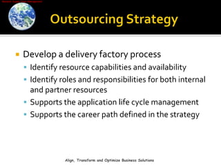 Outsourcing StrategyDevelop a delivery factory processIdentify resource capabilities and availabilityIdentify roles and responsibilities for both internal and partner resourcesSupports the application life cycle management Supports the career path defined in the strategyAlign, Transform and Optimize Business Solutions