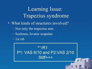 Learning Issue:
Trapezius syndrome
• What kinds of structures involved?
– Not only the trapezius mm
– Scalenes, levator scapulae
– 1st rib
R1
P1: VAS 6/10 and P2:VAS 2/10
Stiff+++
 